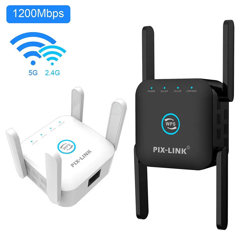 PIXLINK AC24 white and black dual frequency wireless WiFi extender router with gigabit ports.