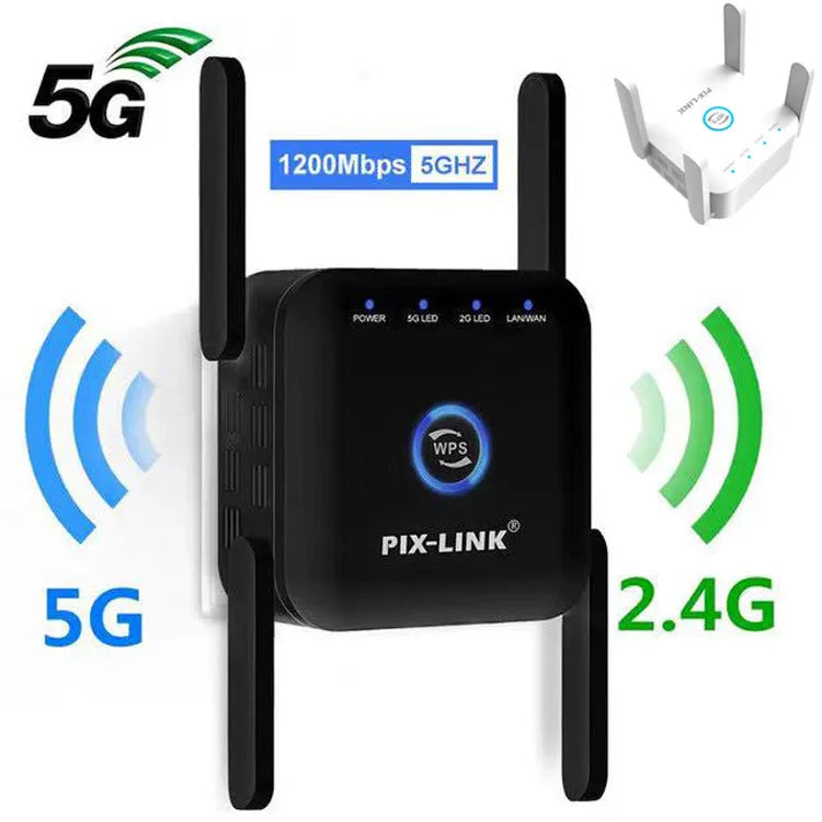 PIXLINK AC24 white and black dual frequency wireless WiFi extender router with gigabit ports.