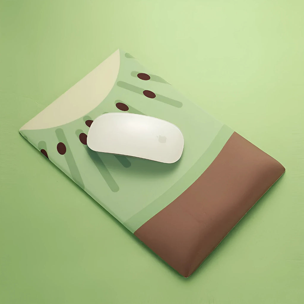 Soft silicone and cloth wrist support mouse pad with cute printed design, showing non-slip base.