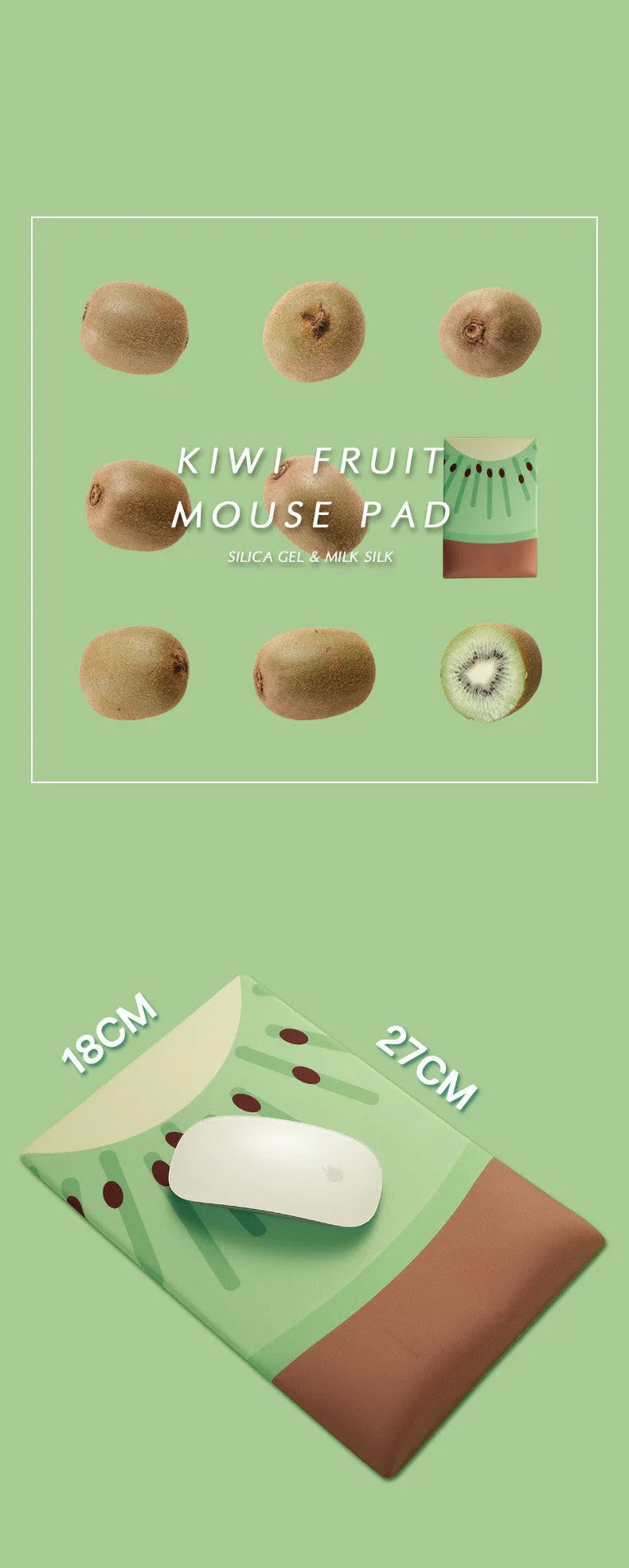 Soft silicone and cloth wrist support mouse pad with cute printed design, showing non-slip base.