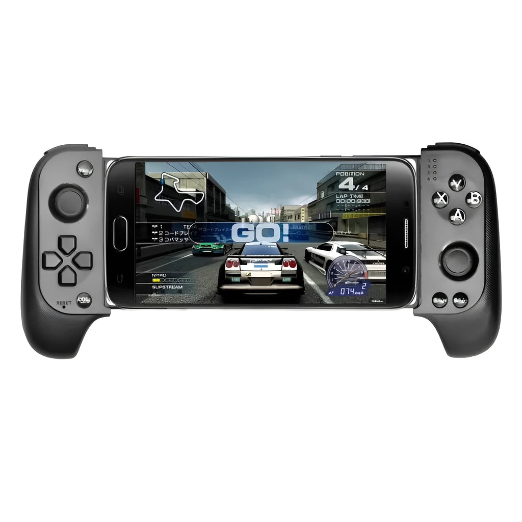 Cytec wireless telescopic Bluetooth game controller in black or red blue attached to a mobile phone.