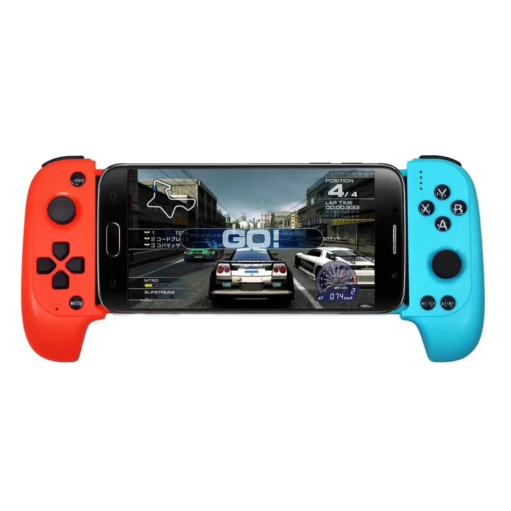 Cytec wireless telescopic Bluetooth game controller in black or red blue attached to a mobile phone.