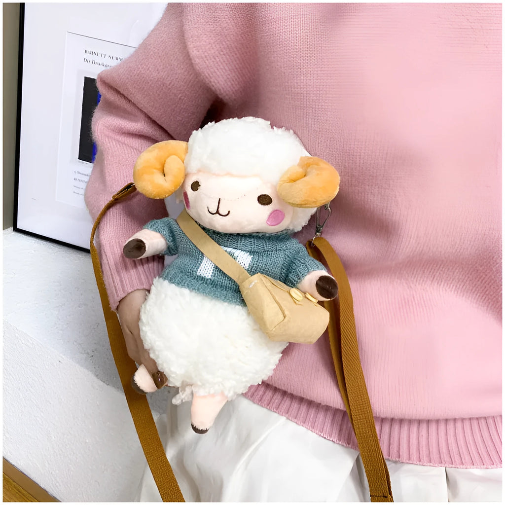 Little Sheep women's plush crossbody bag showing lamb pattern and colour contrast detailing