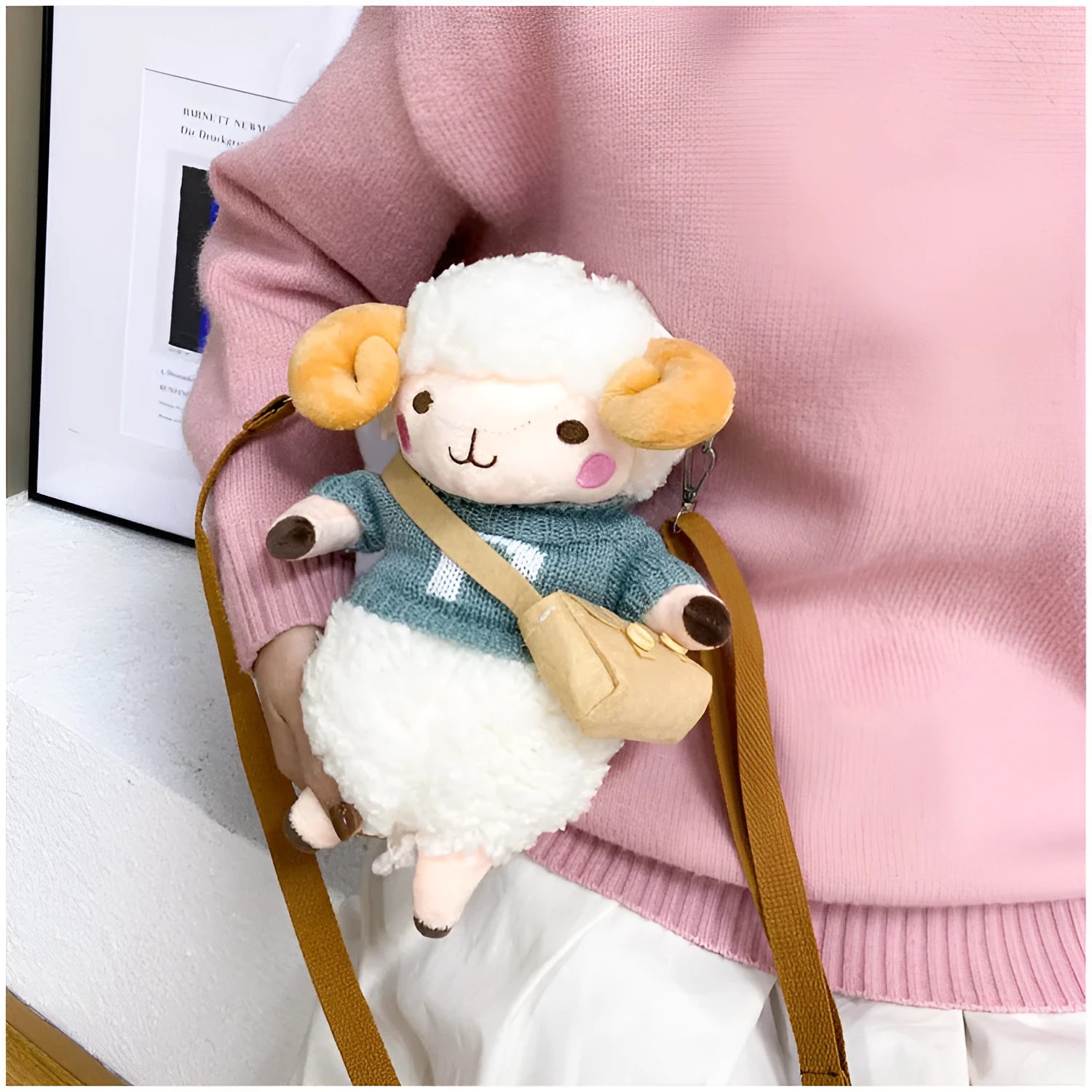 Little Sheep women's plush crossbody bag showing lamb pattern and colour contrast detailing