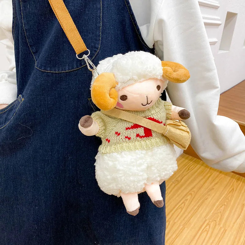 Little Sheep women's plush crossbody bag showing lamb pattern and colour contrast detailing