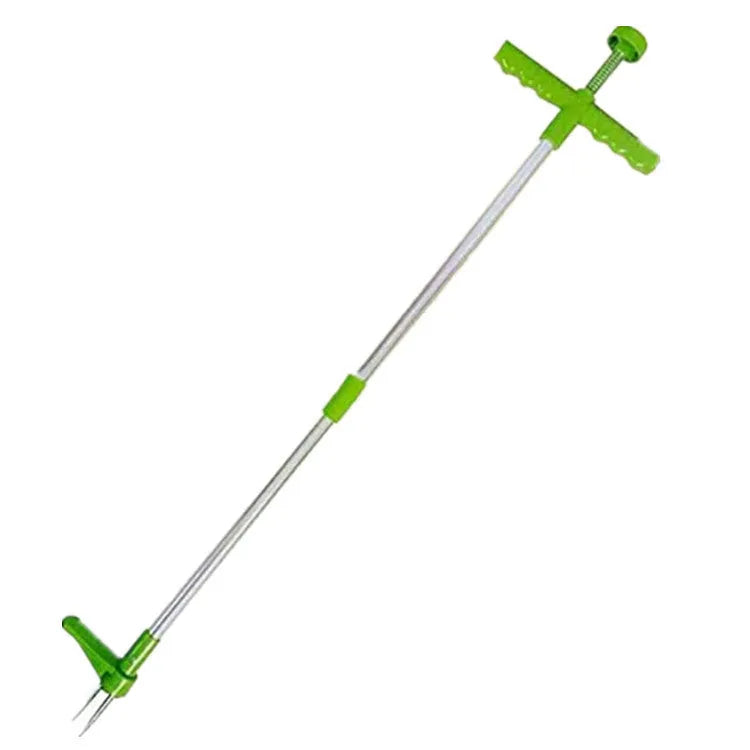 Aluminium and plastic manual garden weeding tool on a soil background.