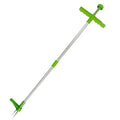 Aluminium and plastic manual garden weeding tool on a soil background.
