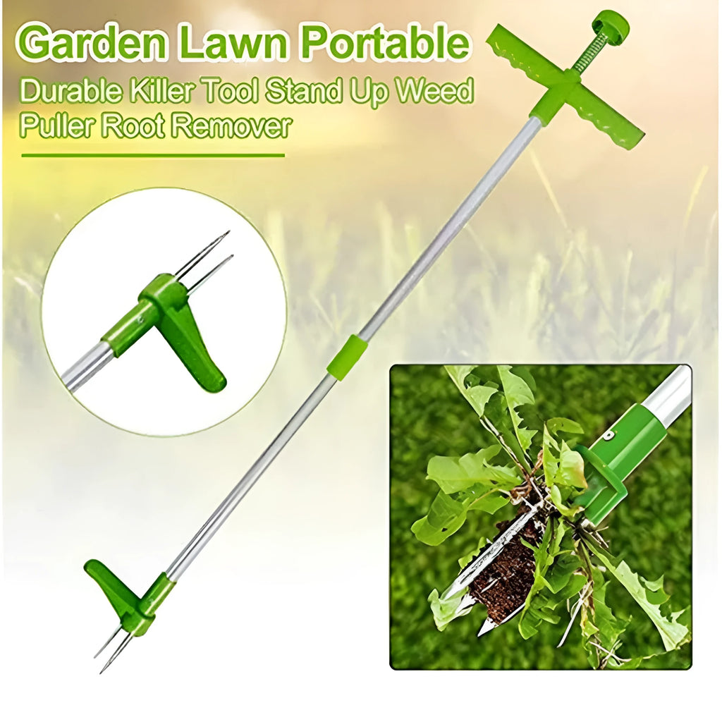 Aluminium and plastic manual garden weeding tool on a soil background.