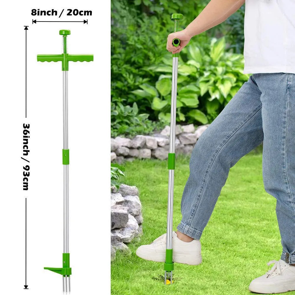 Aluminium and plastic manual garden weeding tool on a soil background.