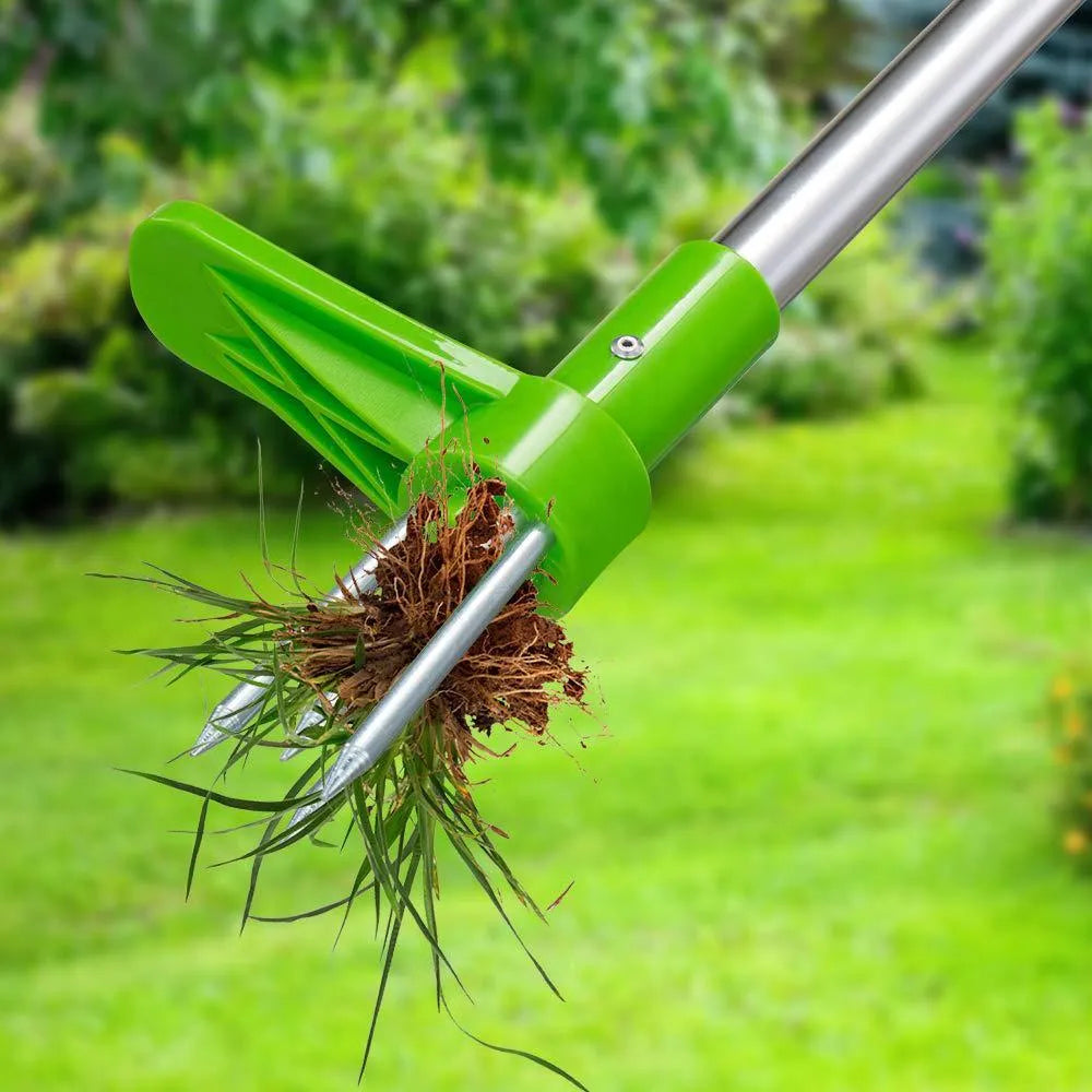 Aluminium and plastic manual garden weeding tool on a soil background.