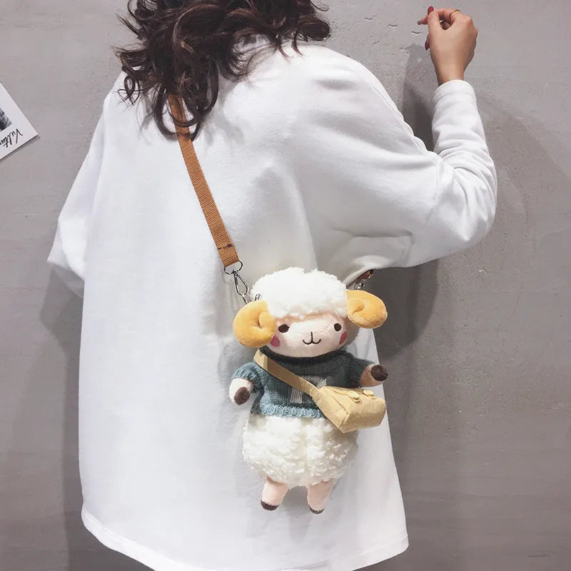 Little Sheep women's plush crossbody bag showing lamb pattern and colour contrast detailing