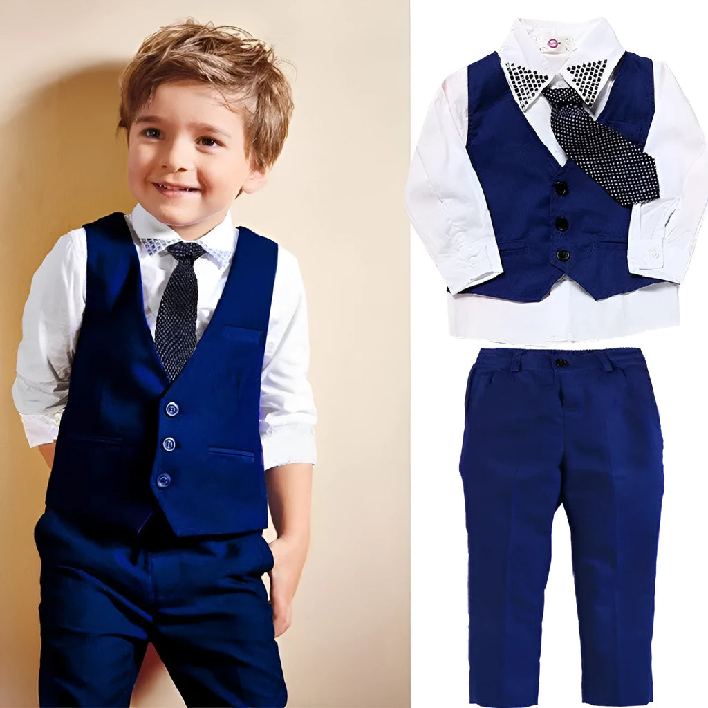 Boys blue casual suit clothing set with turtleneck, vest and trousers for spring autumn wear