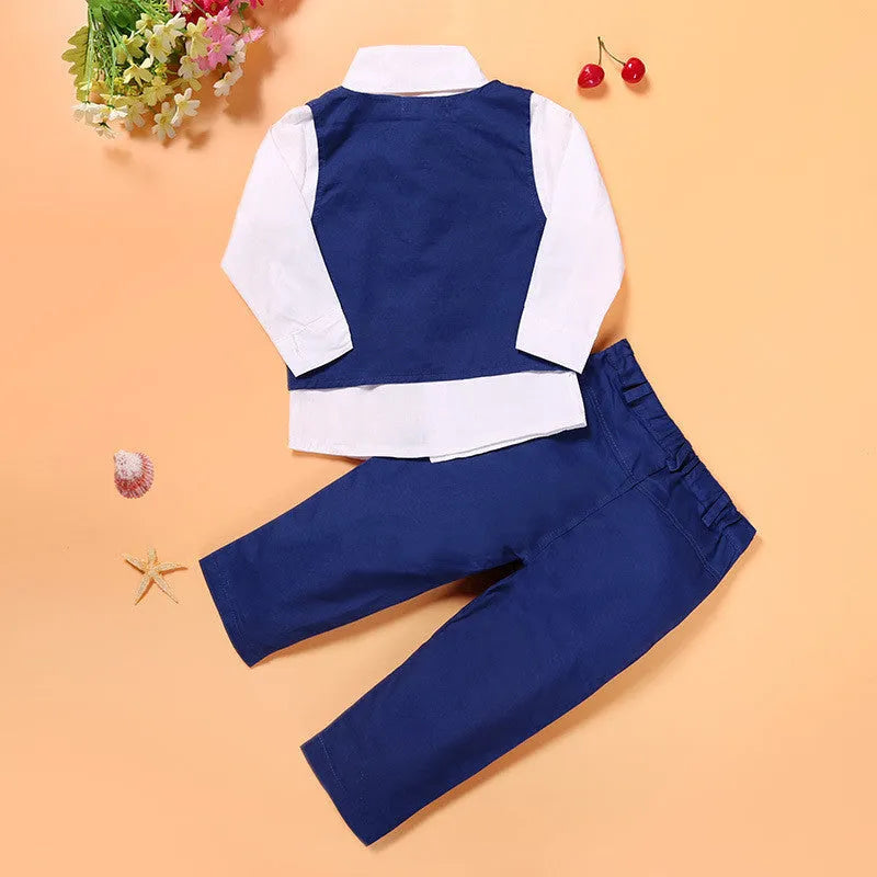 Boys blue casual suit clothing set with turtleneck, vest and trousers for spring autumn wear