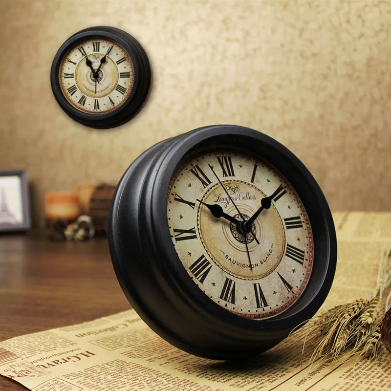 European retro style desk alarm clock with 6-inch round dial and silent sweep movement