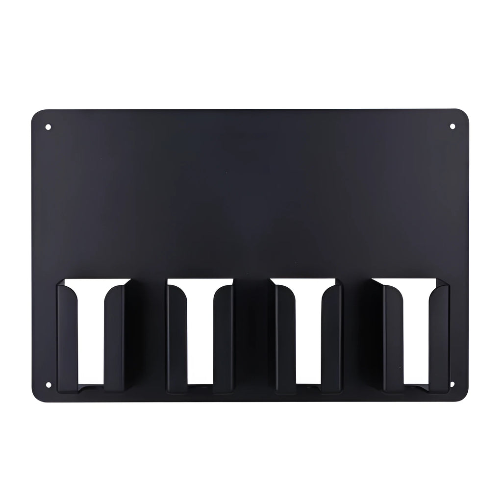 Black plastic clipper frame holding four electric hair clippers with wall-mounting screws