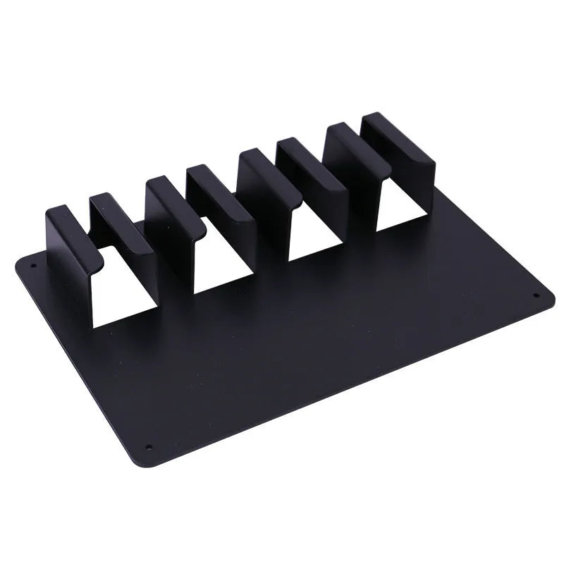 Black plastic clipper frame holding four electric hair clippers with wall-mounting screws