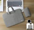 Blue PU leather laptop sleeve bag open to show internal organiser pockets for a MacBook, phone, and cards.