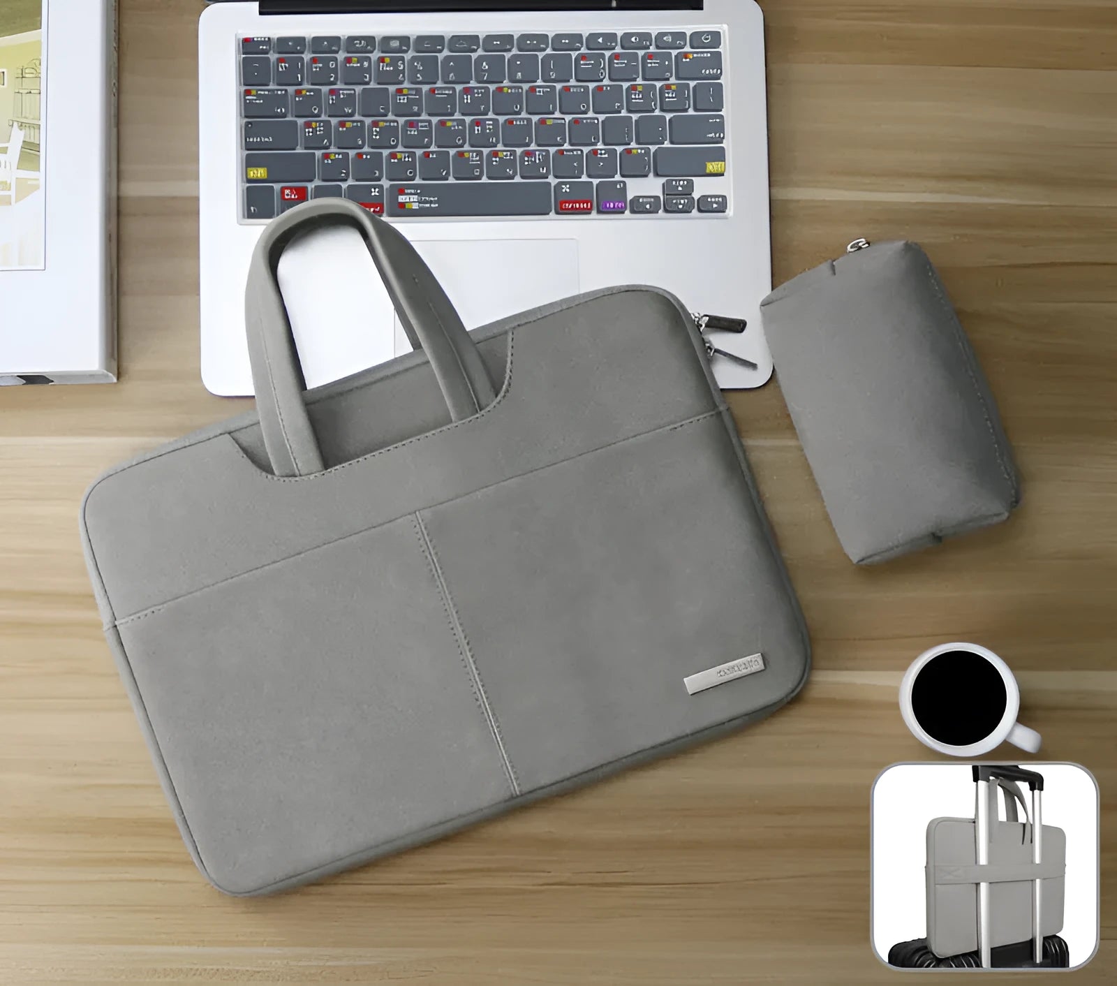 Blue PU leather laptop sleeve bag open to show internal organiser pockets for a MacBook, phone, and cards.