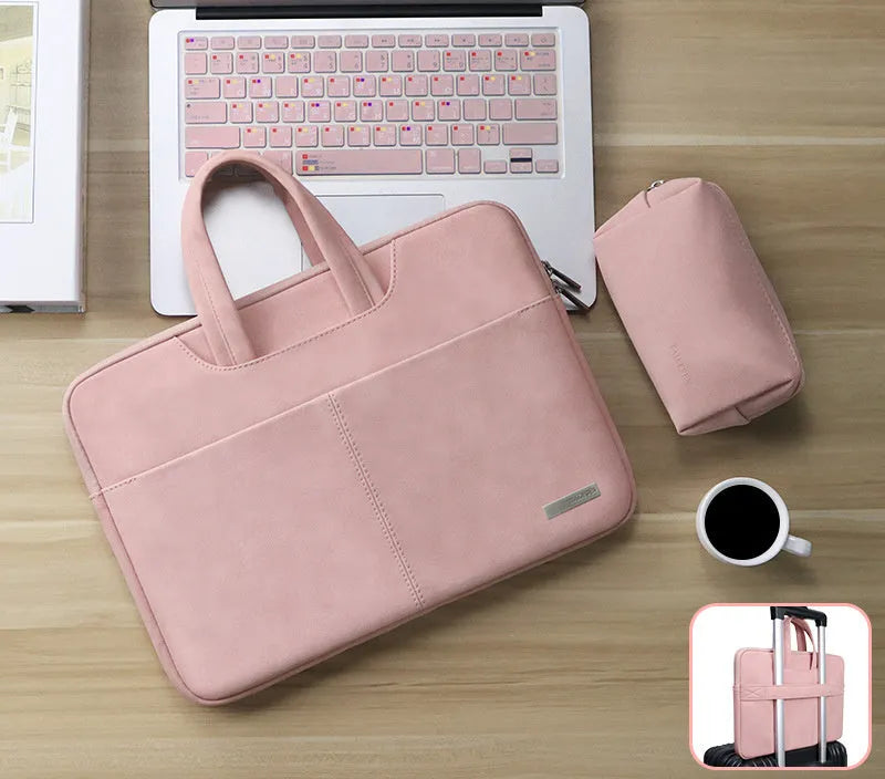 Blue PU leather laptop sleeve bag open to show internal organiser pockets for a MacBook, phone, and cards.