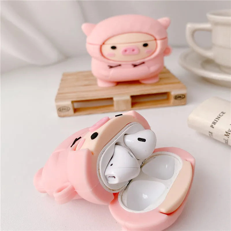 Pink pig cartoon silicone case cover for AirPods with carrying hook