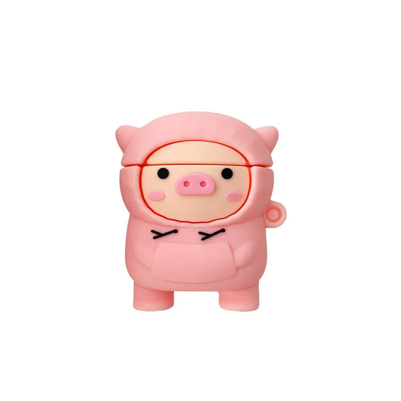 Pink pig cartoon silicone case cover for AirPods with carrying hook