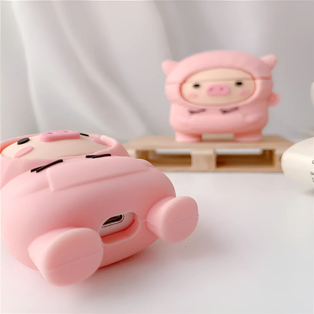 Pink pig cartoon silicone case cover for AirPods with carrying hook