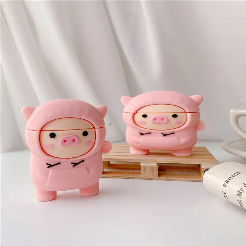 Pink pig cartoon silicone case cover for AirPods with carrying hook