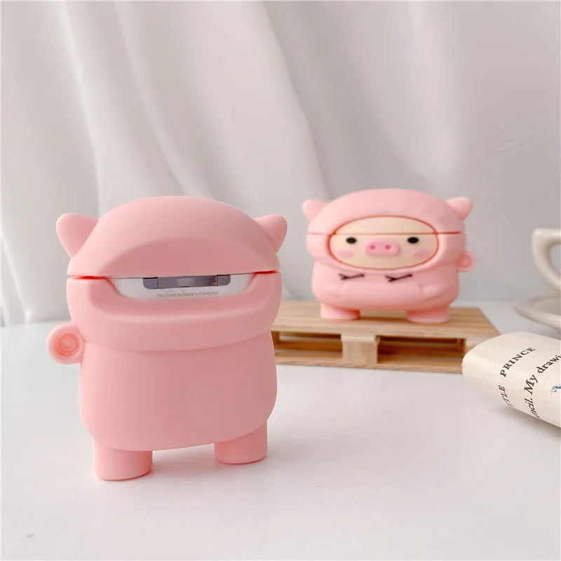 Pink pig cartoon silicone case cover for AirPods with carrying hook