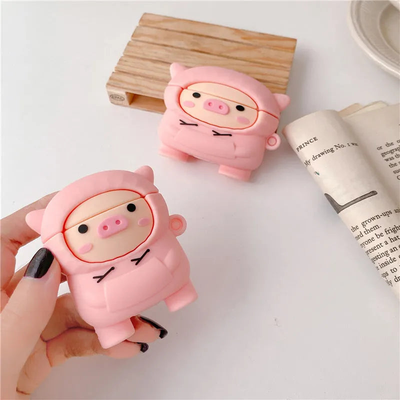 Pink pig cartoon silicone case cover for AirPods with carrying hook