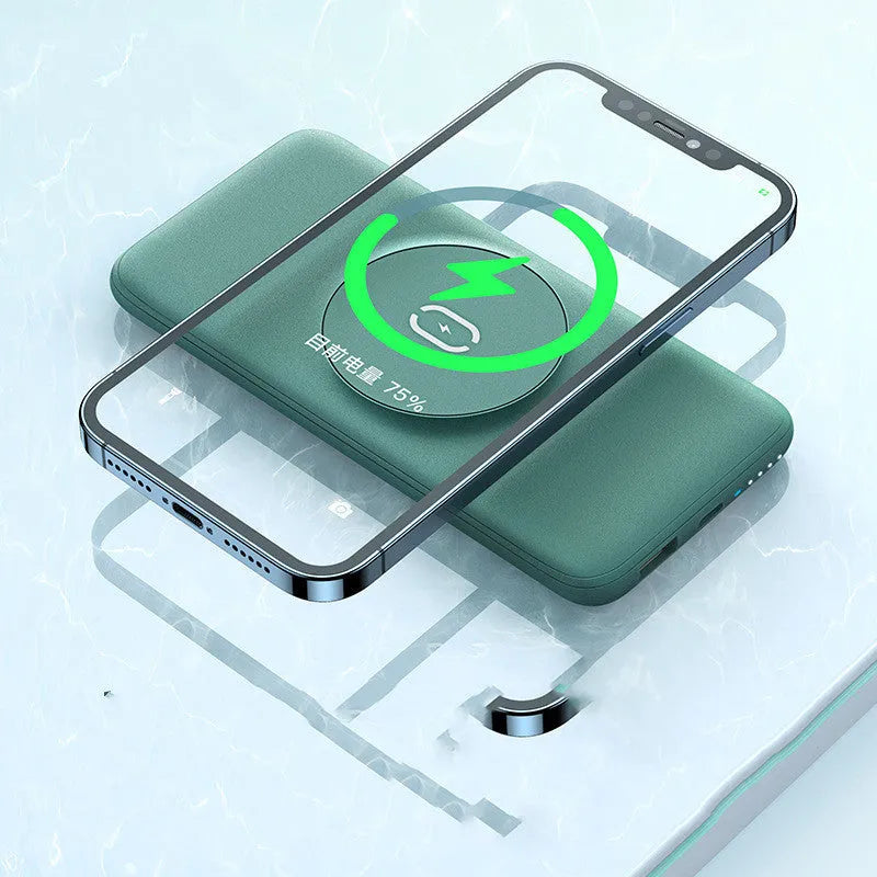Mint green MagSafe magnetic wireless power bank with back clip, showing compact size next to an iPhone for scale.