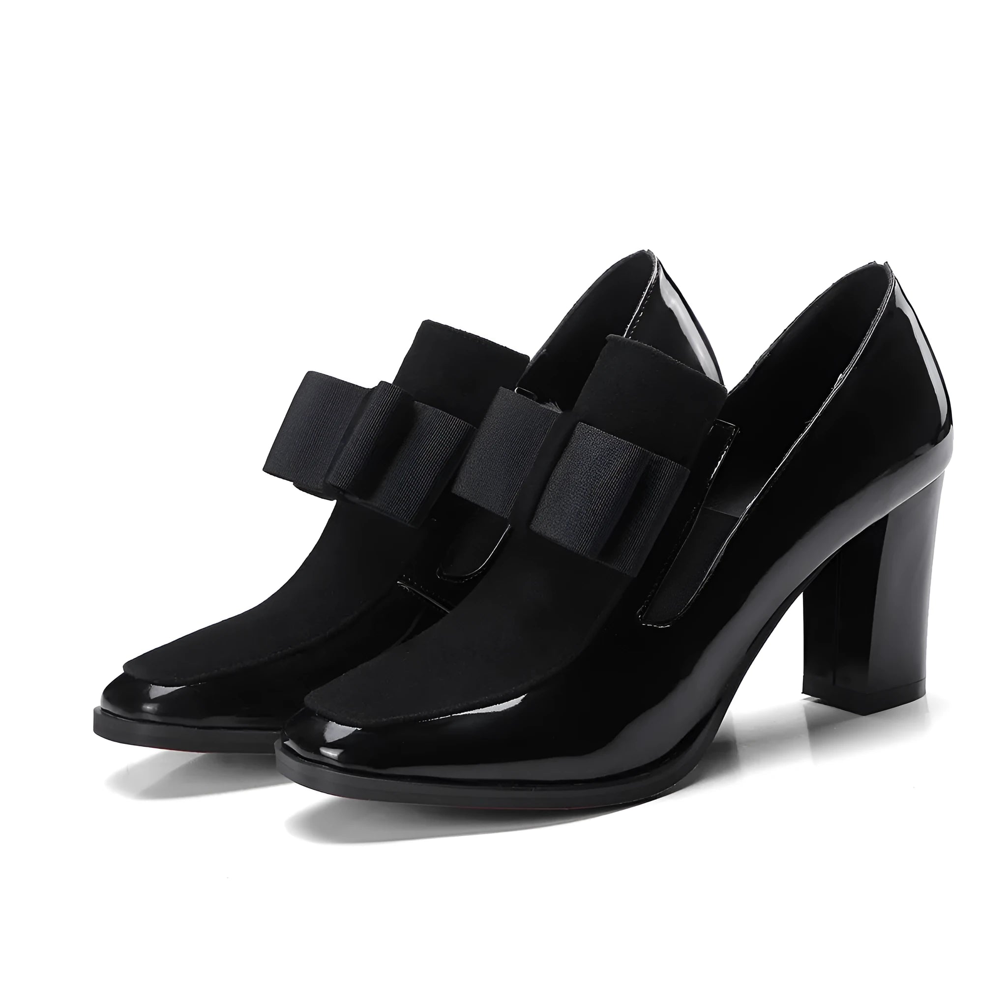 Women's black leather high heels with a thick square heel over 8cm and a square toe.