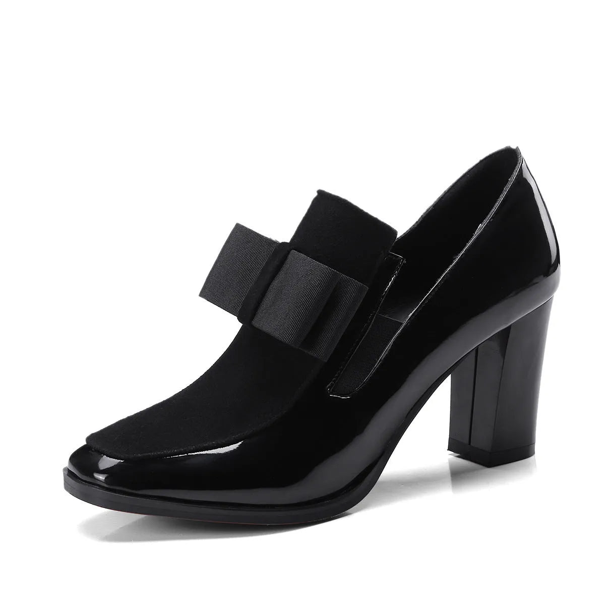 Women's black leather high heels with a thick square heel over 8cm and a square toe.