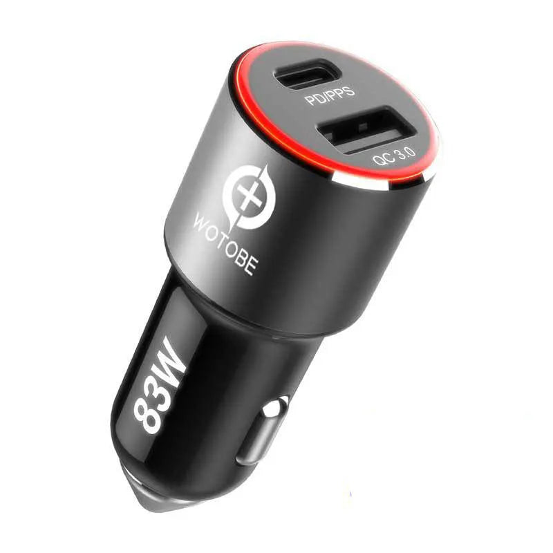 83W dual port fast car charger with USB-C and QC3.0 ports for laptops and phones on a car dashboard.