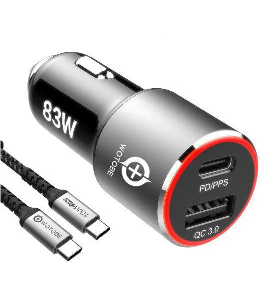 83W dual port fast car charger with USB-C and QC3.0 ports for laptops and phones on a car dashboard.