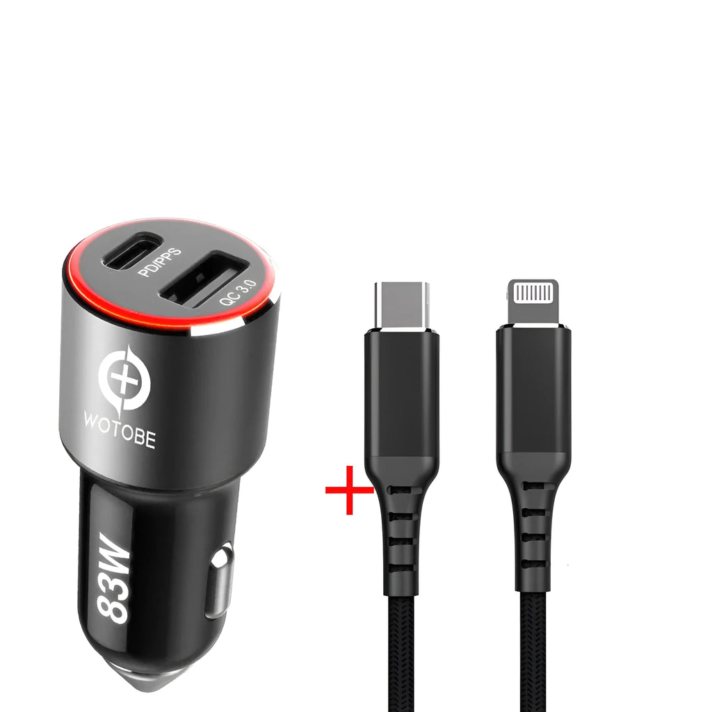 83W dual port fast car charger with USB-C and QC3.0 ports for laptops and phones on a car dashboard.