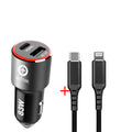 83W dual port fast car charger with USB-C and QC3.0 ports for laptops and phones on a car dashboard.