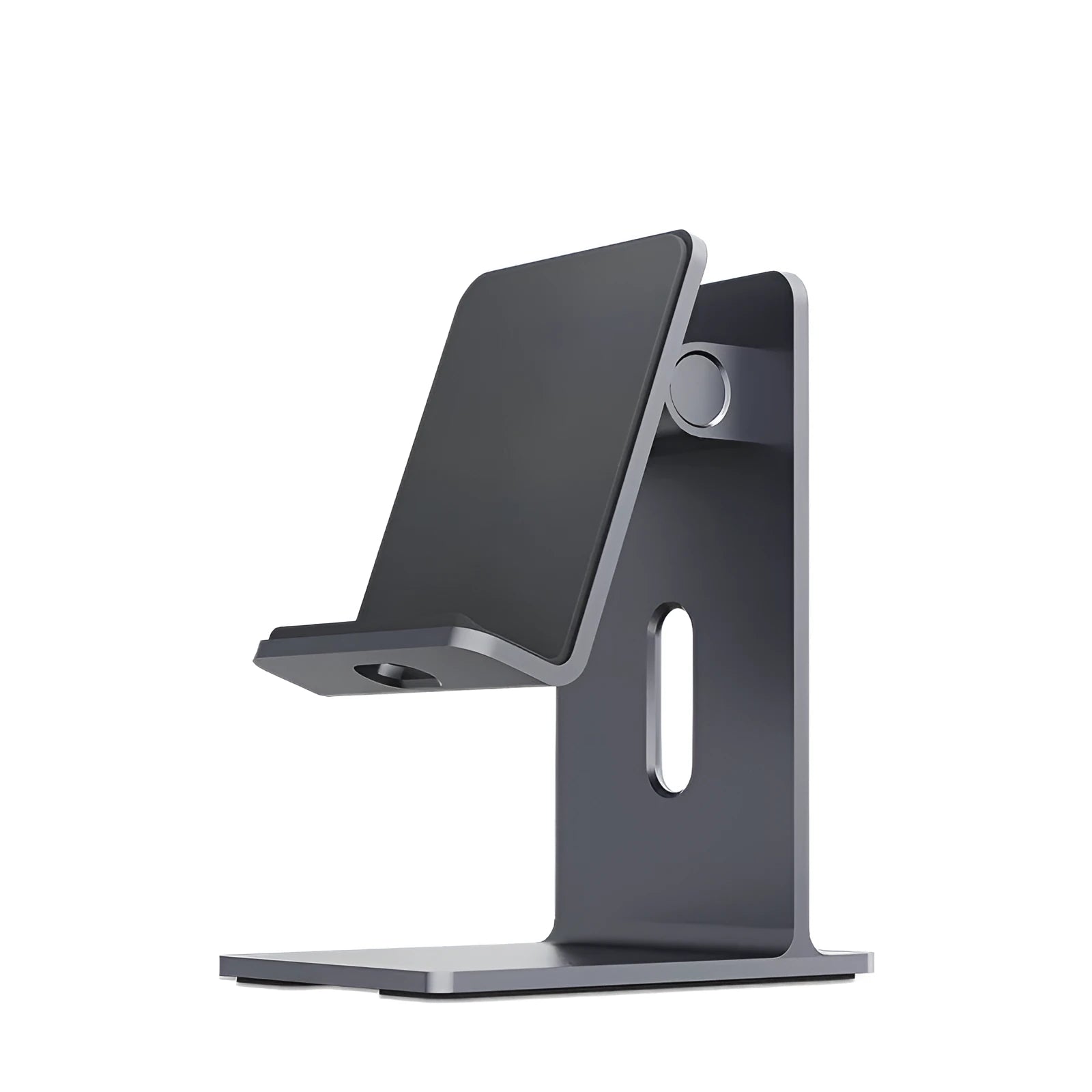 Alloy mobile phone and tablet holder stand in dark space grey and silver on a desktop.