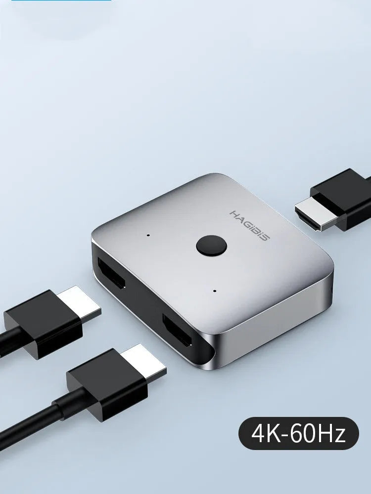 Grey Haibeisi HDMI splitter switcher device with two input and one output ports for dual-screen display