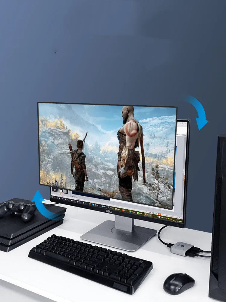 Grey Haibeisi HDMI splitter switcher device with two input and one output ports for dual-screen display