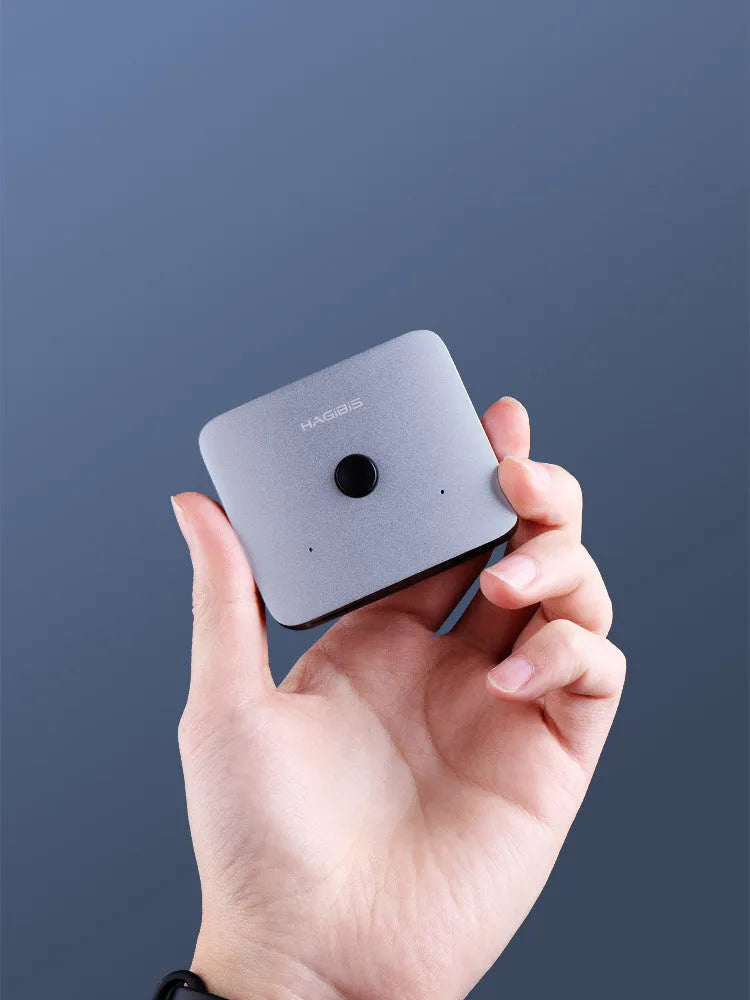 Grey Haibeisi HDMI splitter switcher device with two input and one output ports for dual-screen display