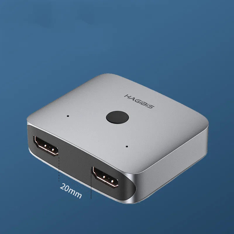 Grey Haibeisi HDMI splitter switcher device with two input and one output ports for dual-screen display