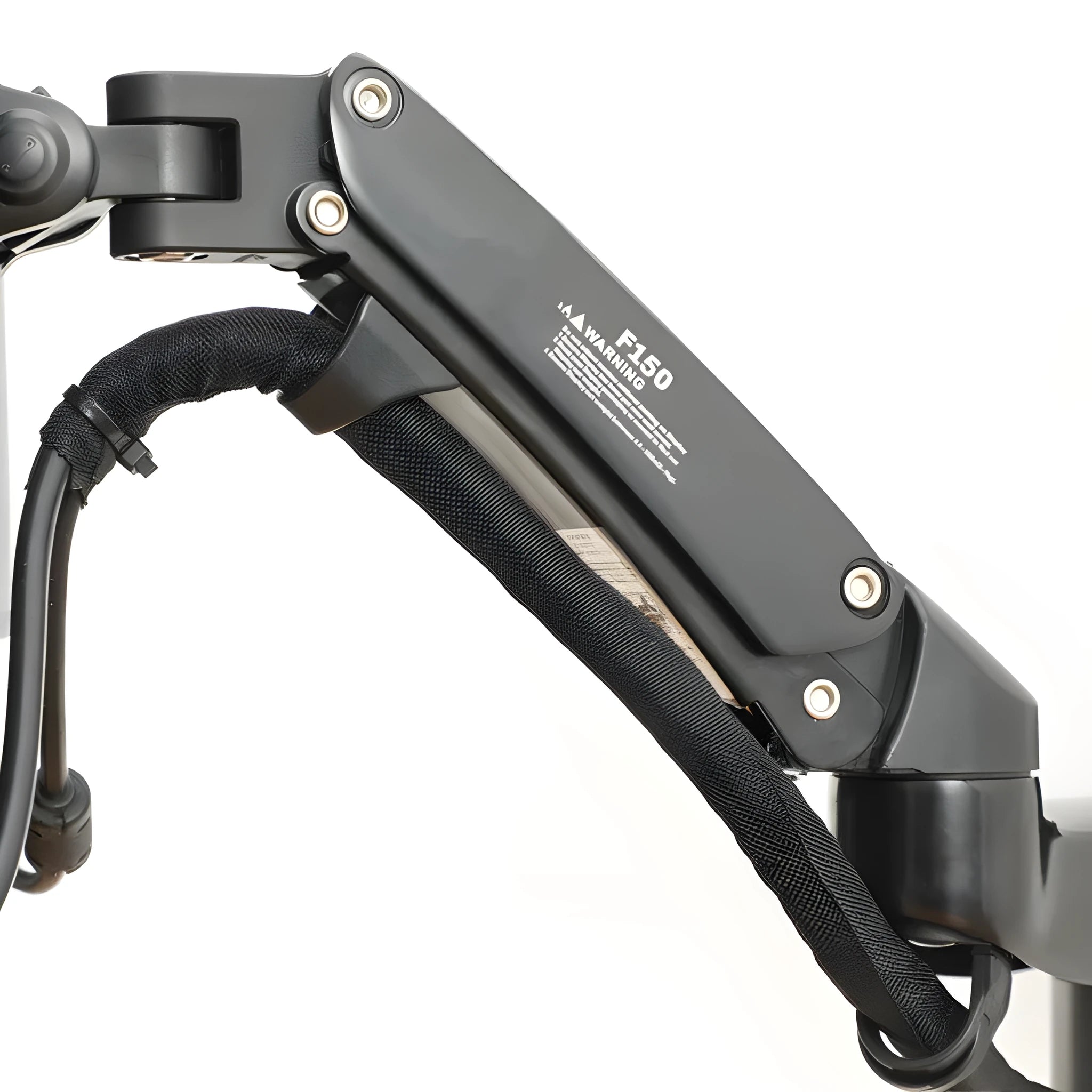 Black wall-mounted computer monitor stand with telescopic arm and rotating screen bracket.