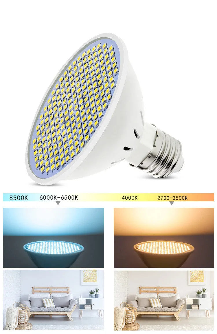E27 screw base LED light bulb with white PC lamp cup, shown in warm white and cool white colour options.