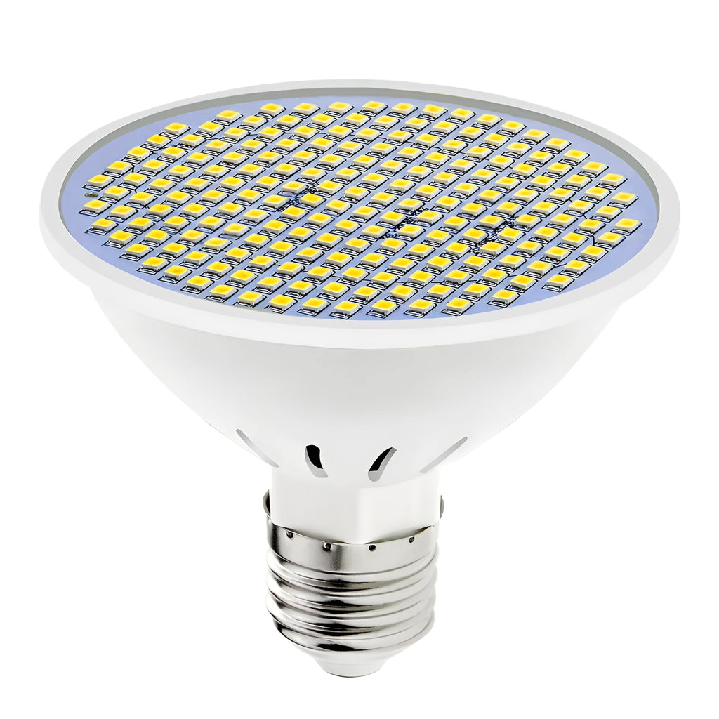 E27 screw base LED light bulb with white PC lamp cup, shown in warm white and cool white colour options.