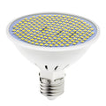 E27 screw base LED light bulb with white PC lamp cup, shown in warm white and cool white colour options.