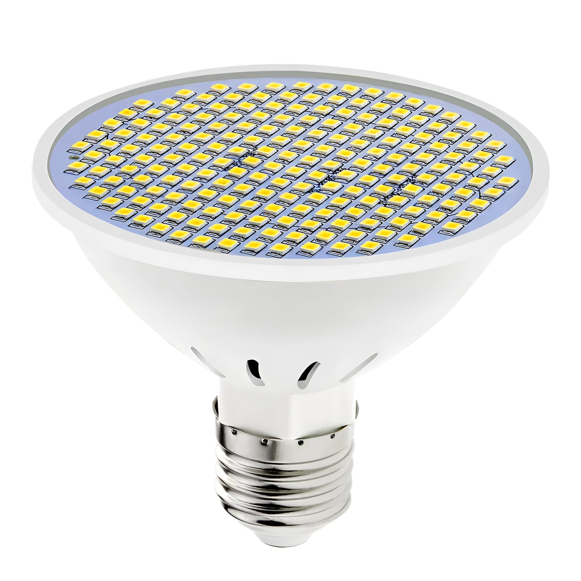 E27 screw base LED light bulb with white PC lamp cup, shown in warm white and cool white colour options.