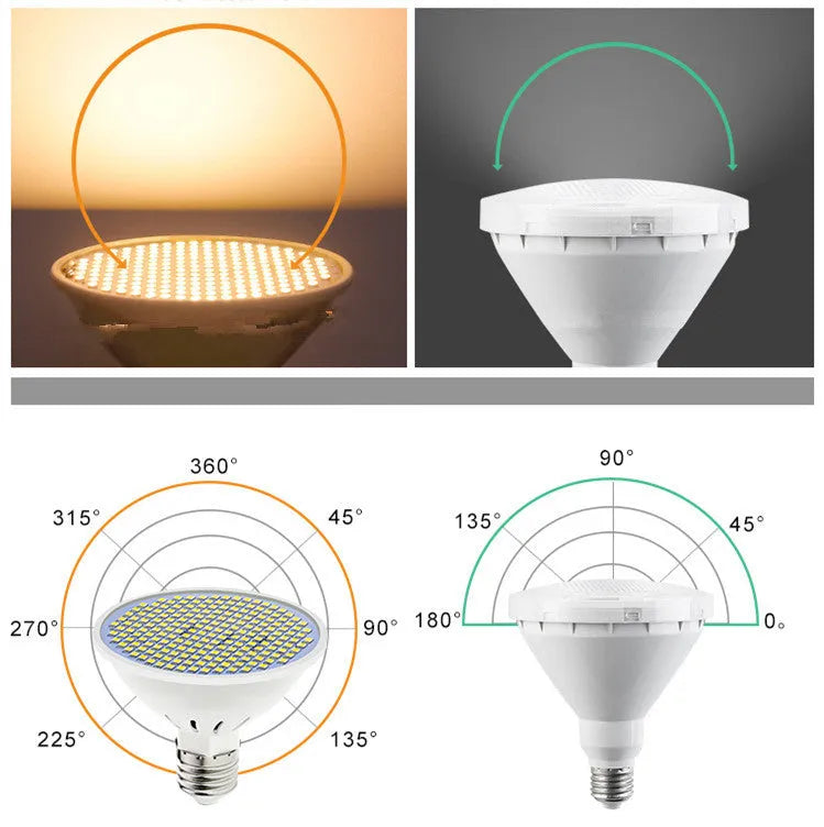 E27 screw base LED light bulb with white PC lamp cup, shown in warm white and cool white colour options.