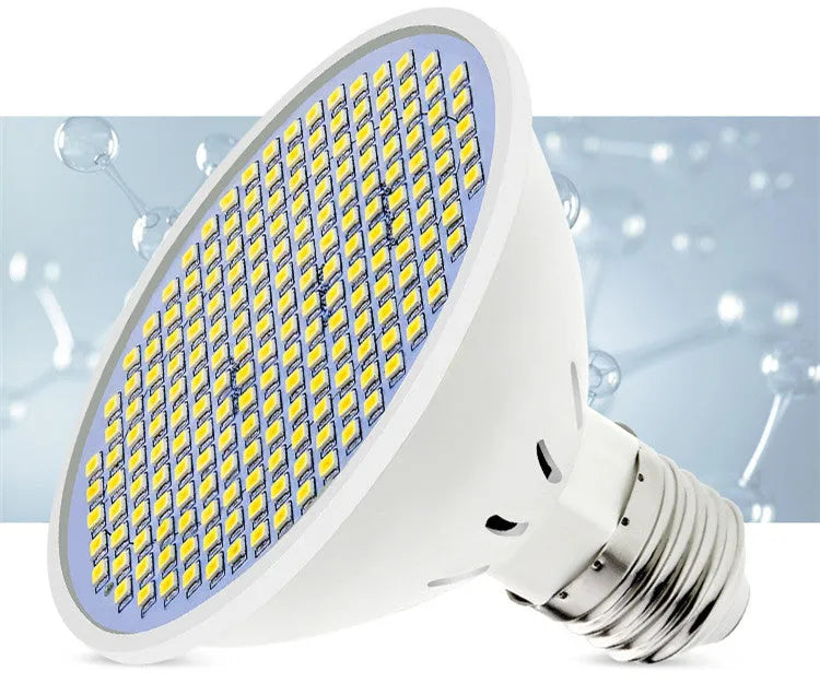 E27 screw base LED light bulb with white PC lamp cup, shown in warm white and cool white colour options.