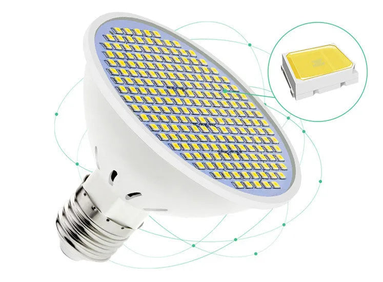E27 screw base LED light bulb with white PC lamp cup, shown in warm white and cool white colour options.