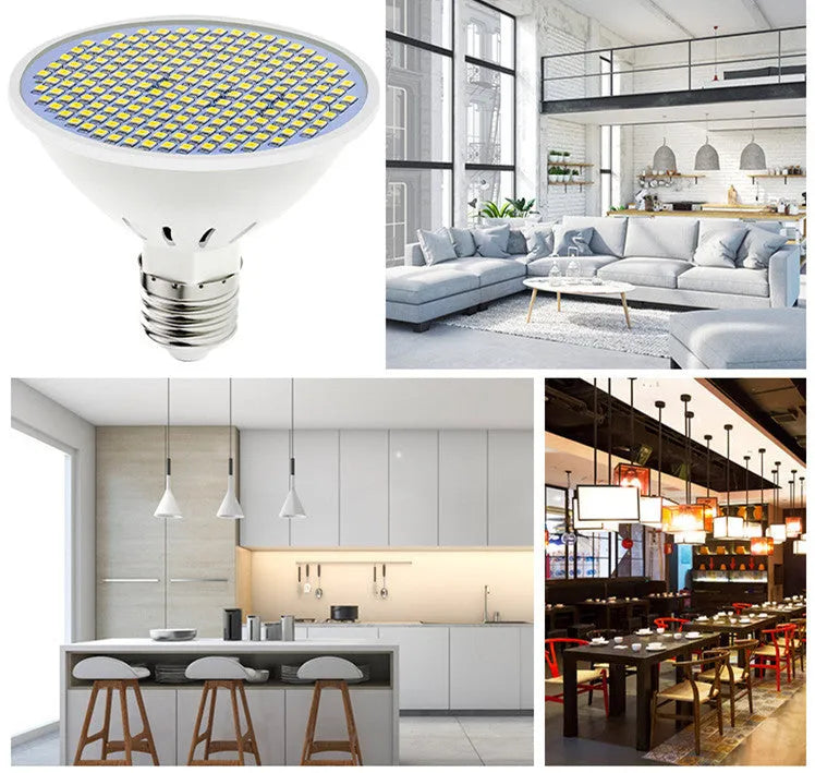 E27 screw base LED light bulb with white PC lamp cup, shown in warm white and cool white colour options.